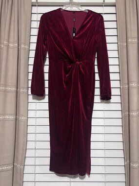 ININ Burgundy Velvet Metallic Shimmer Front Knot Maxi Dress Large